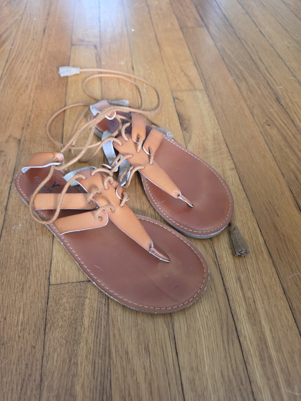 American Eagle Outfitters Orange-Tan Leather Lace-Up Thong Sandals